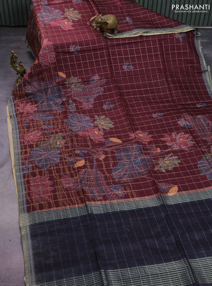 Semi tussar saree maroon and black with allover zari checks & digital prints and zari woven border