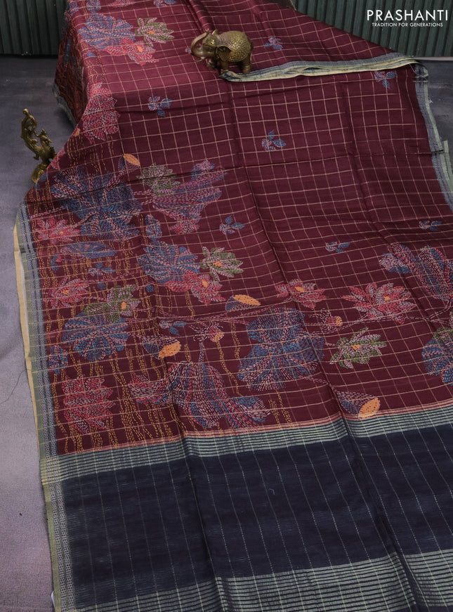 Semi tussar saree maroon and black with allover zari checks & digital prints and zari woven border