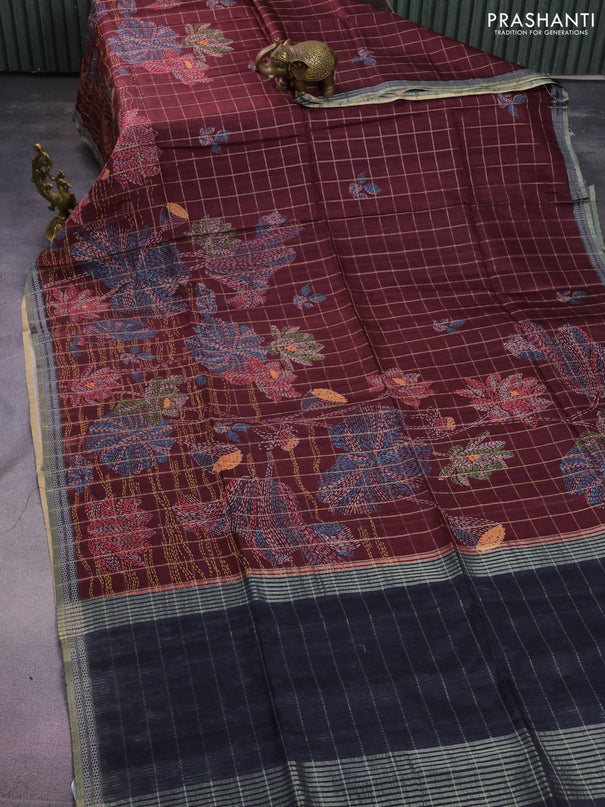 Semi tussar saree maroon and black with allover zari checks & digital prints and zari woven border