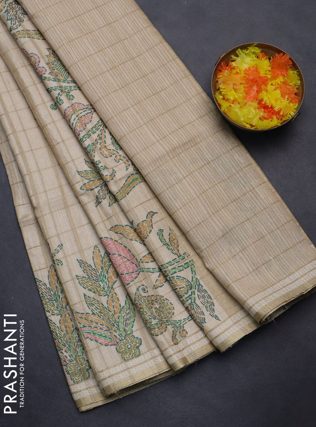 Semi tussar saree sandal with allover zari checks & digital prints and zari woven border