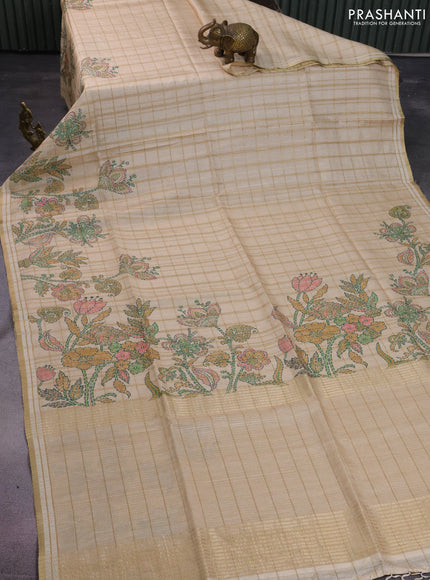 Semi tussar saree sandal with allover zari checks & digital prints and zari woven border