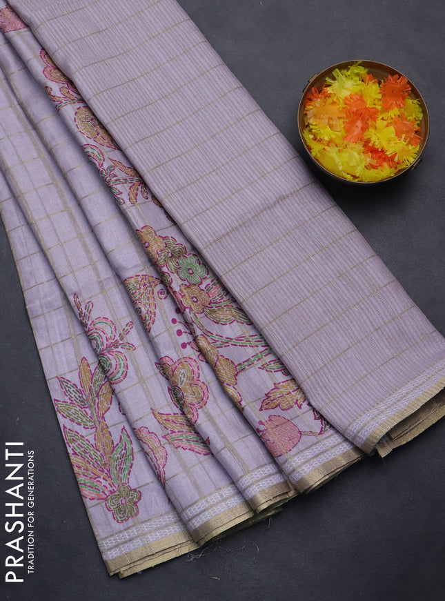 Semi tussar saree pastel lavender with allover zari checks & digital prints and zari woven border