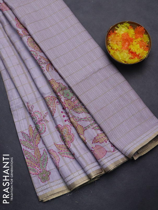 Semi tussar saree pastel lavender with allover zari checks & digital prints and zari woven border
