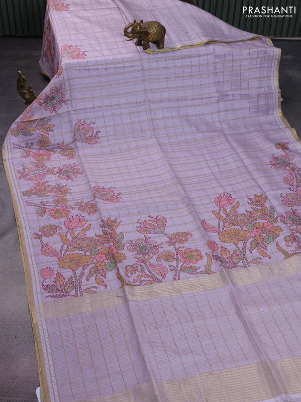 Semi tussar saree pastel lavender with allover zari checks & digital prints and zari woven border