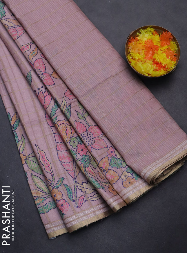 Semi tussar saree pastel pink with allover zari checks & digital prints and zari woven border