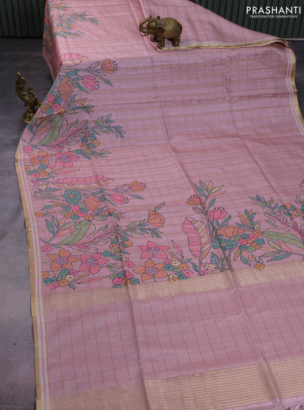 Semi tussar saree pastel pink with allover zari checks & digital prints and zari woven border