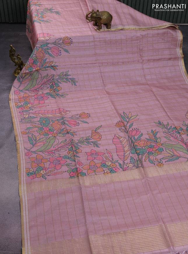 Semi tussar saree pastel pink with allover zari checks & digital prints and zari woven border
