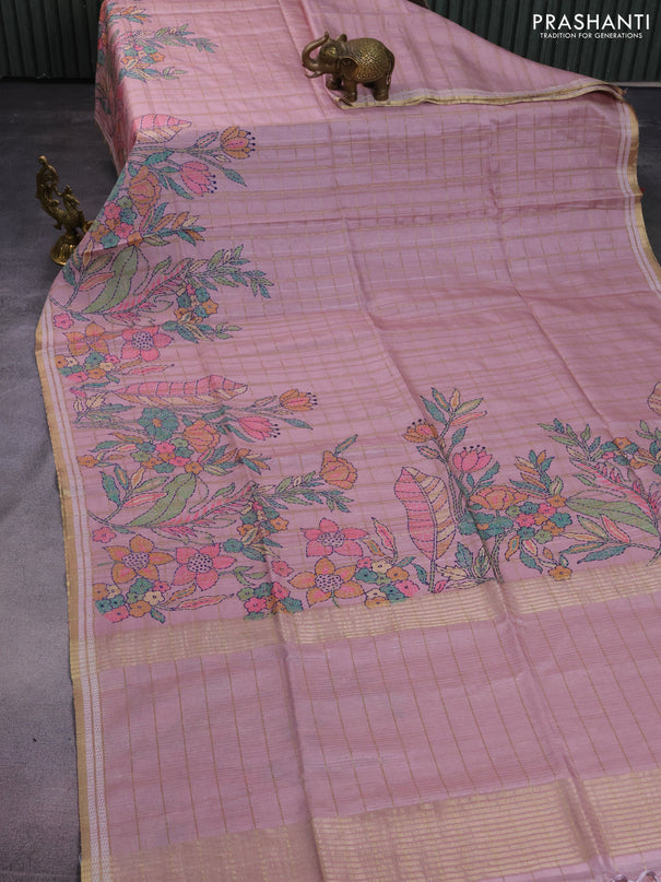 Semi tussar saree pastel pink with allover zari checks & digital prints and zari woven border