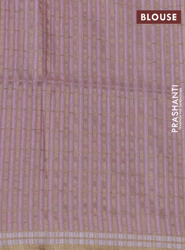 Semi tussar saree pastel pink with allover zari checks & digital prints and zari woven border