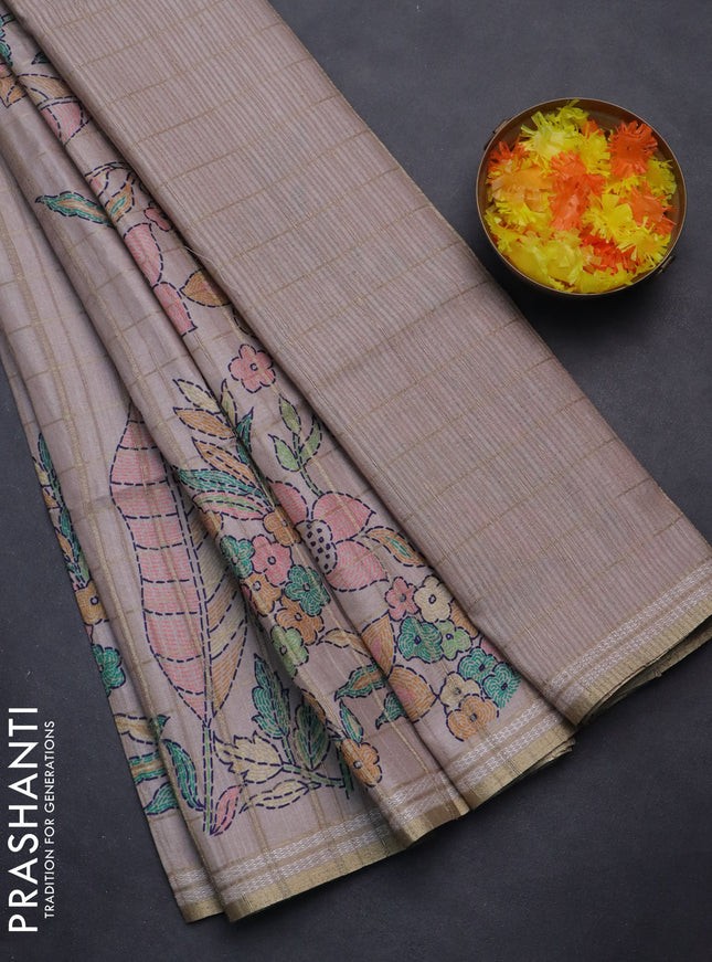 Semi tussar saree pastel brown with allover zari checks & digital prints and zari woven border