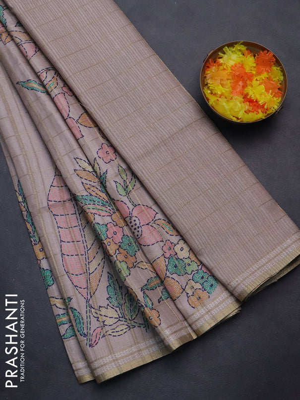 Semi tussar saree pastel brown with allover zari checks & digital prints and zari woven border