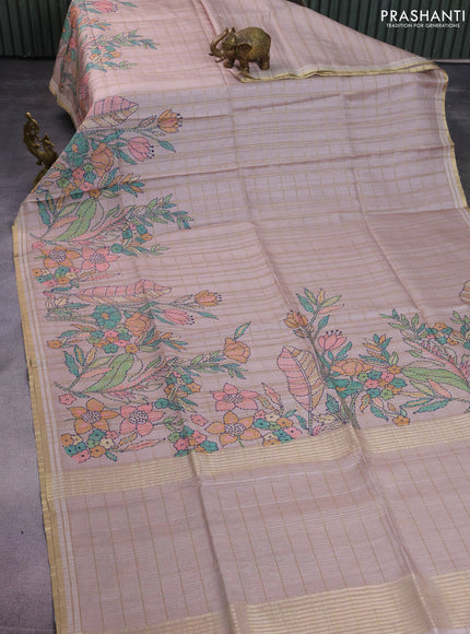 Semi tussar saree pastel brown with allover zari checks & digital prints and zari woven border