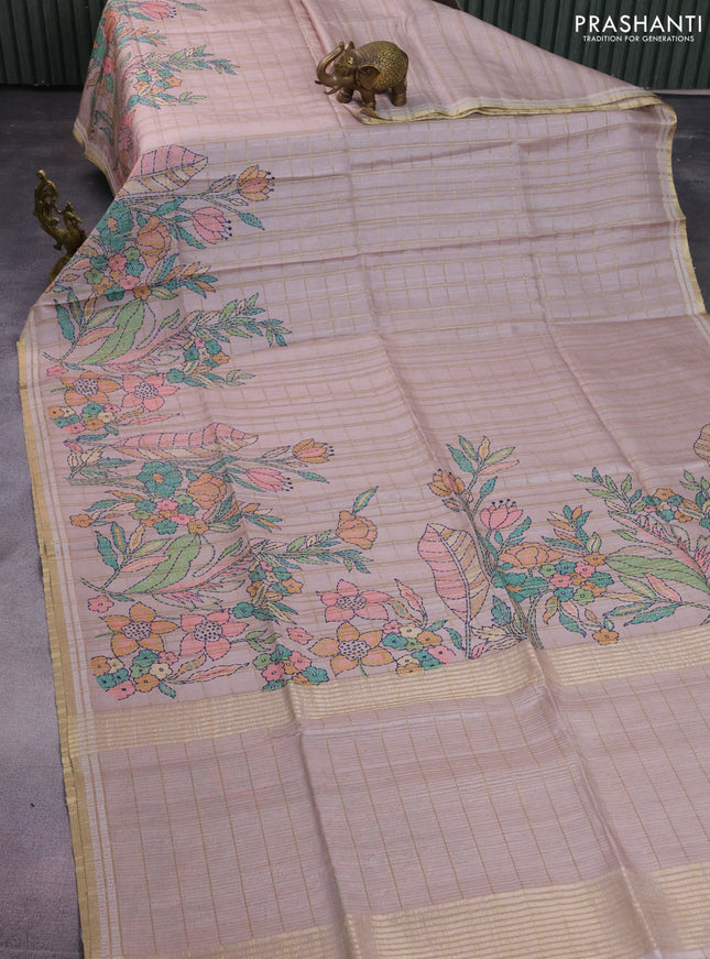 Semi tussar saree pastel brown with allover zari checks & digital prints and zari woven border
