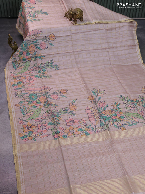 Semi tussar saree pastel brown with allover zari checks & digital prints and zari woven border