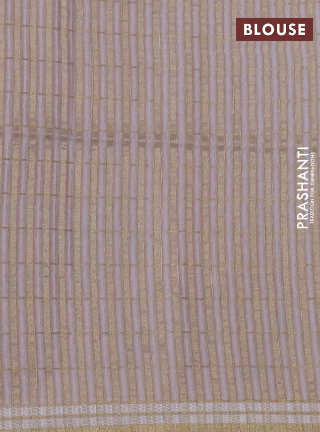 Semi tussar saree pastel brown with allover zari checks & digital prints and zari woven border