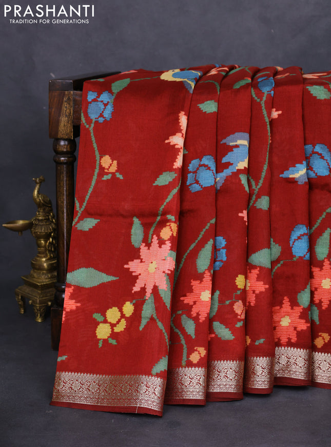Tussar georgette silk saree maroon with allover digital prints and zari woven border