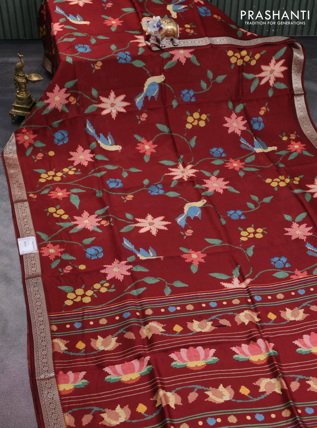 Tussar georgette silk saree maroon with allover digital prints and zari woven border