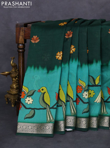 Tussar georgette silk saree green shade with allover digital prints and zari woven border