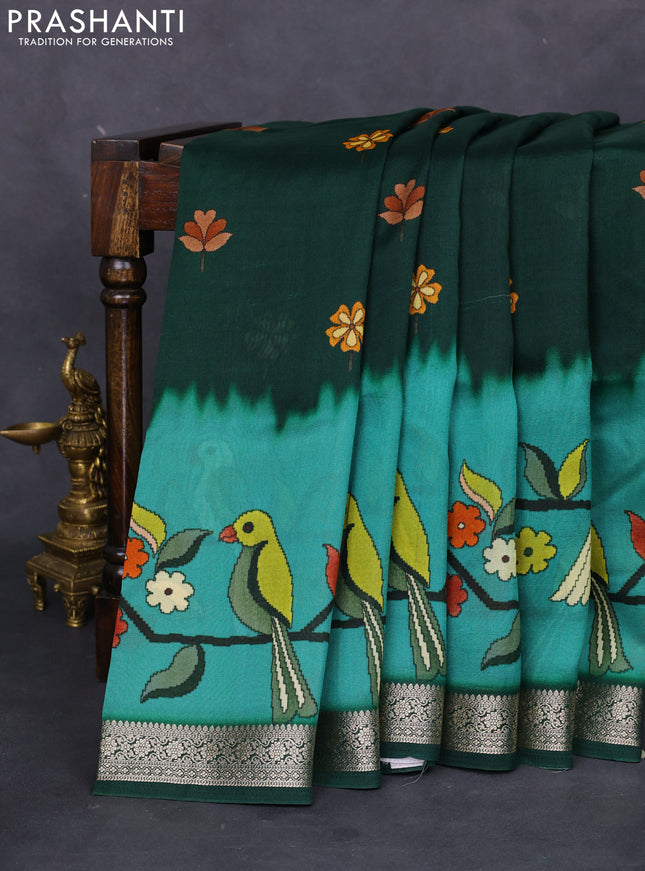 Tussar georgette silk saree green shade with allover digital prints and zari woven border