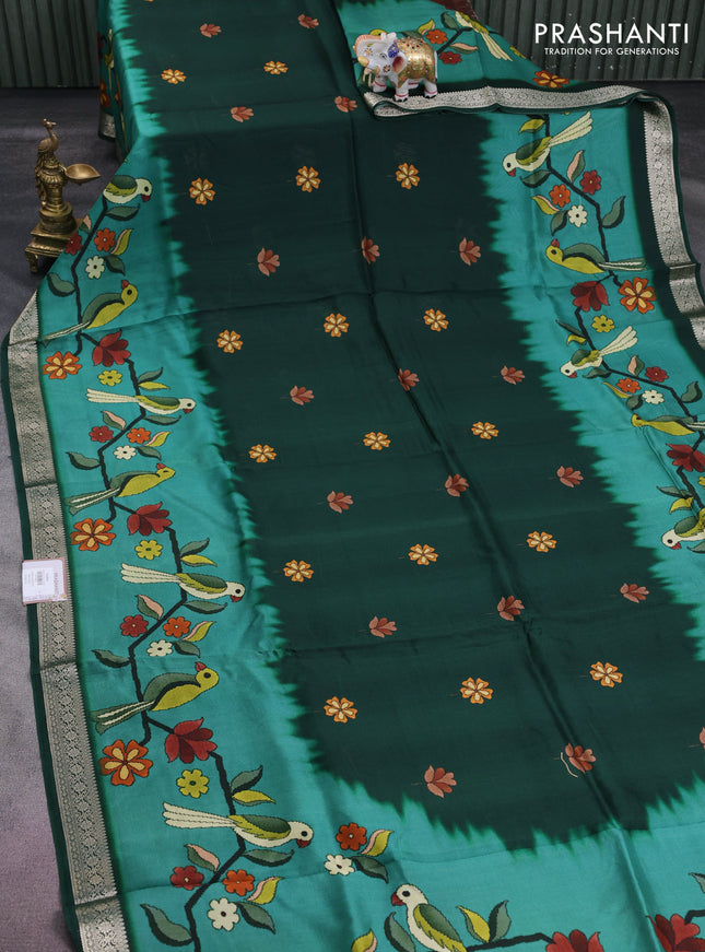 Tussar georgette silk saree green shade with allover digital prints and zari woven border
