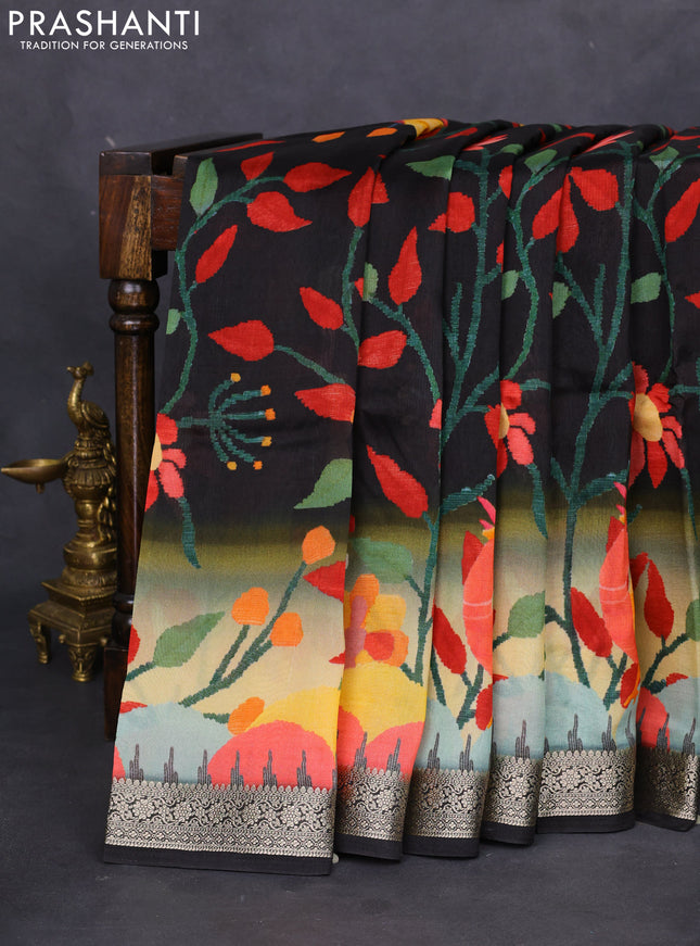 Tussar georgette silk saree black and sandal with allover digital prints and zari woven border