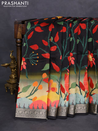 Tussar georgette silk saree black and sandal with allover digital prints and zari woven border