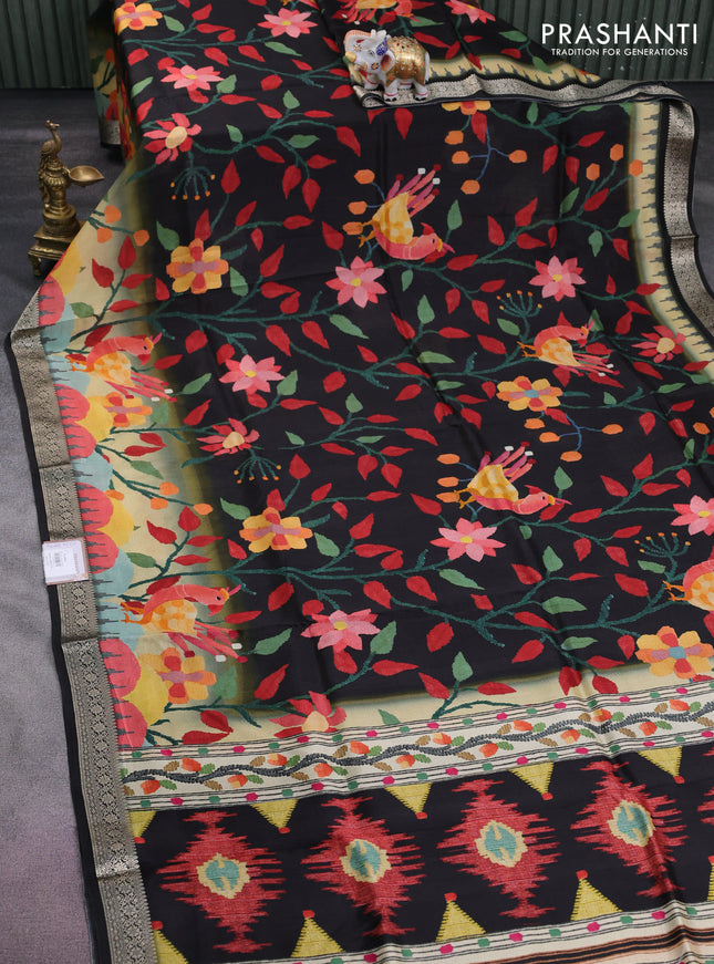 Tussar georgette silk saree black and sandal with allover digital prints and zari woven border