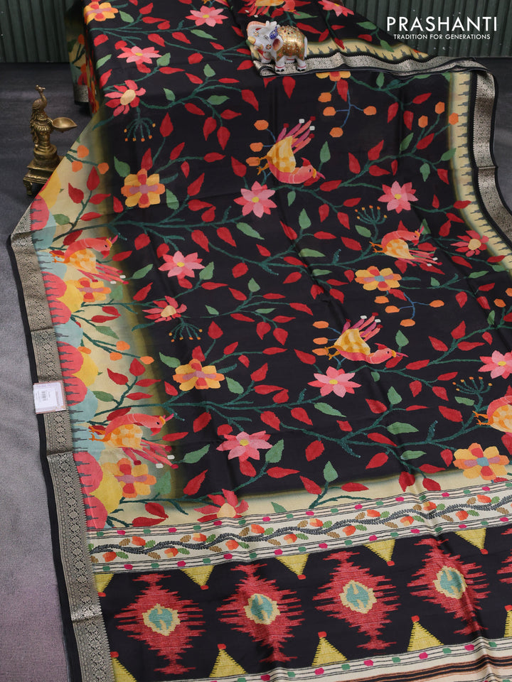 Tussar georgette silk saree black and sandal with allover digital prints and zari woven border