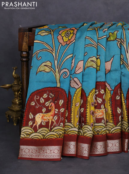 Tussar georgette silk saree teal blue and maroon with allover digital prints and zari woven border