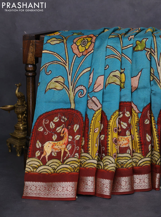 Tussar georgette silk saree teal blue and maroon with allover digital prints and zari woven border