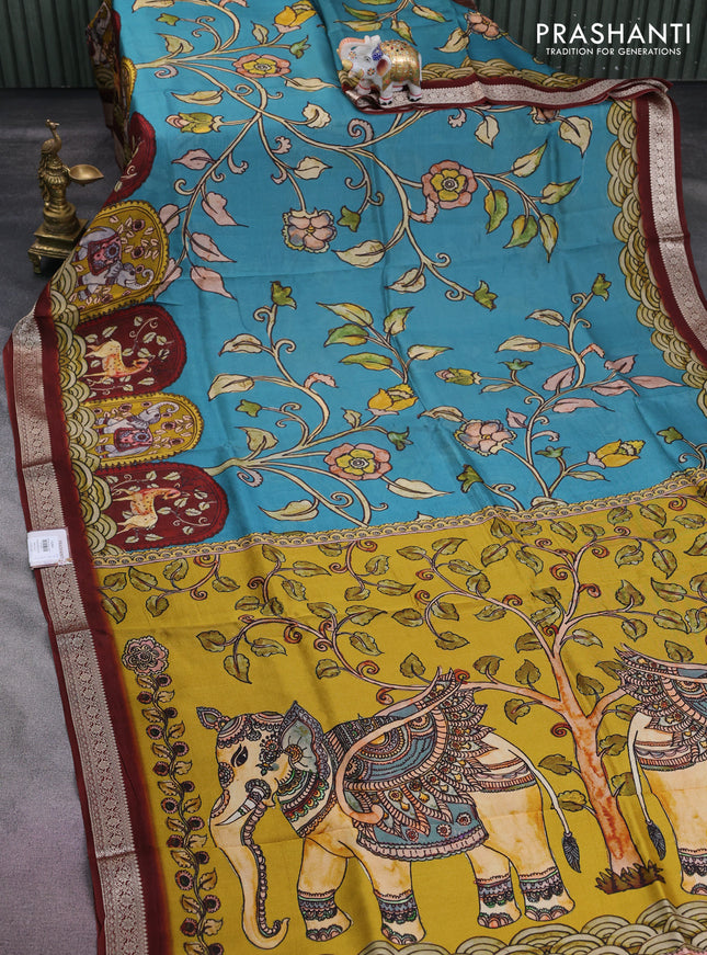 Tussar georgette silk saree teal blue and maroon with allover digital prints and zari woven border