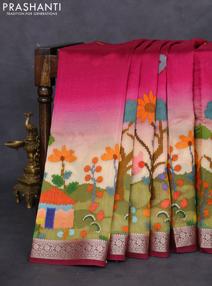 Tussar georgette silk saree magenta pink and sandal with allover digital prints and zari woven border