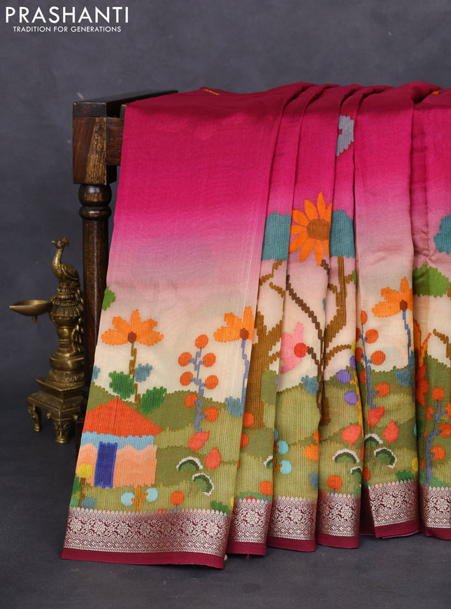 Tussar georgette silk saree magenta pink and sandal with allover digital prints and zari woven border