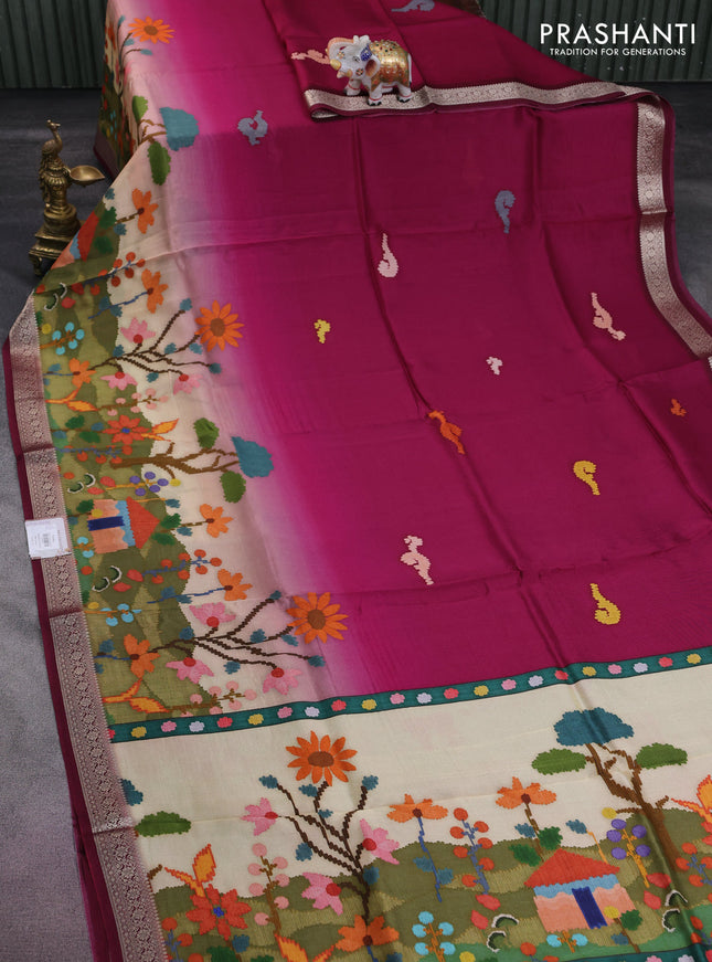 Tussar georgette silk saree magenta pink and sandal with allover digital prints and zari woven border