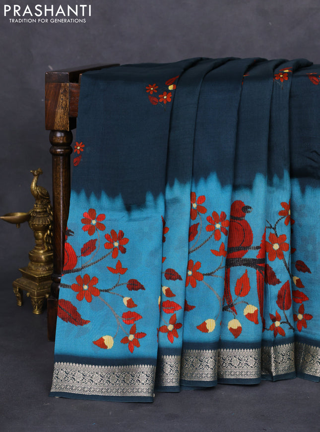 Tussar georgette silk saree peacock blue and pastel blue with allover digital prints and zari woven border