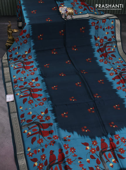 Tussar georgette silk saree peacock blue and pastel blue with allover digital prints and zari woven border