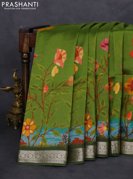 Tussar georgette silk saree mehendi green with allover digital prints and zari woven border