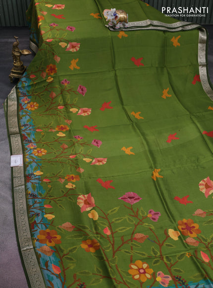 Tussar georgette silk saree mehendi green with allover digital prints and zari woven border