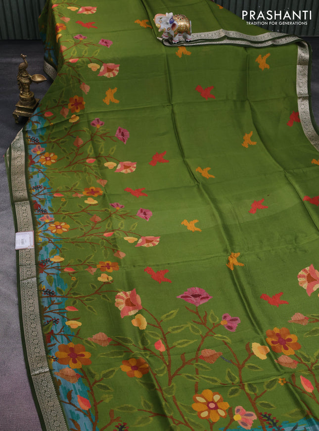 Tussar georgette silk saree mehendi green with allover digital prints and zari woven border