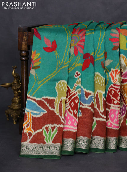 Tussar georgette silk saree green and maroon with allover digital prints and zari woven border