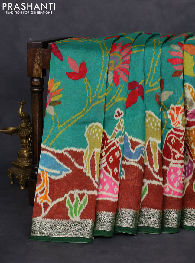 Tussar georgette silk saree green and maroon with allover digital prints and zari woven border