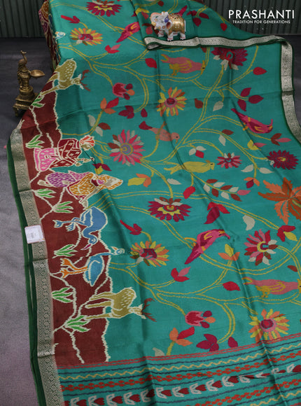 Tussar georgette silk saree green and maroon with allover digital prints and zari woven border