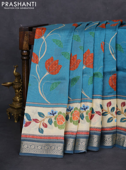 Tussar georgette silk saree pastel blue and cream with allover digital prints and zari woven border