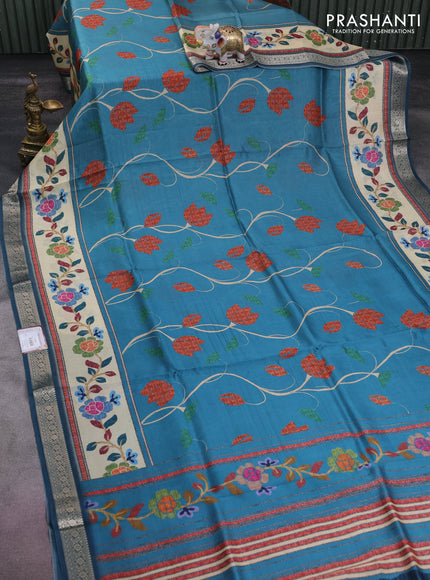 Tussar georgette silk saree pastel blue and cream with allover digital prints and zari woven border