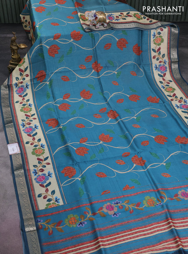 Tussar georgette silk saree pastel blue and cream with allover digital prints and zari woven border