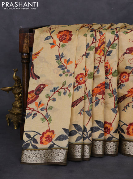 Tussar georgette silk saree sandal and brown with allover digital prints and zari woven border