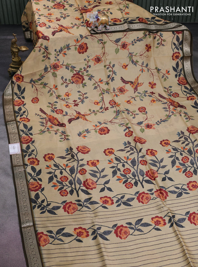 Tussar georgette silk saree sandal and brown with allover digital prints and zari woven border