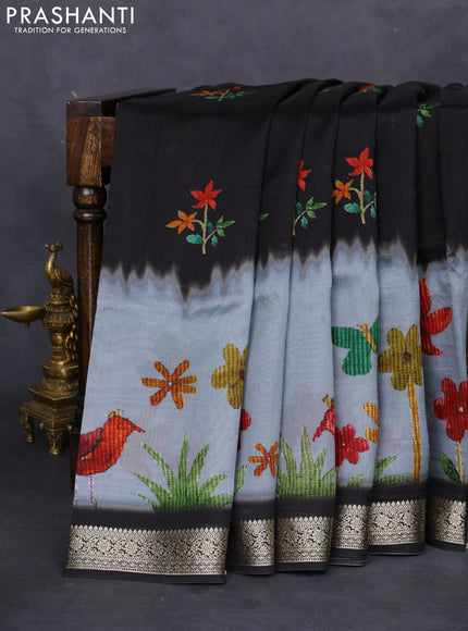 Tussar georgette silk saree black and grey with allover digital prints and zari woven border