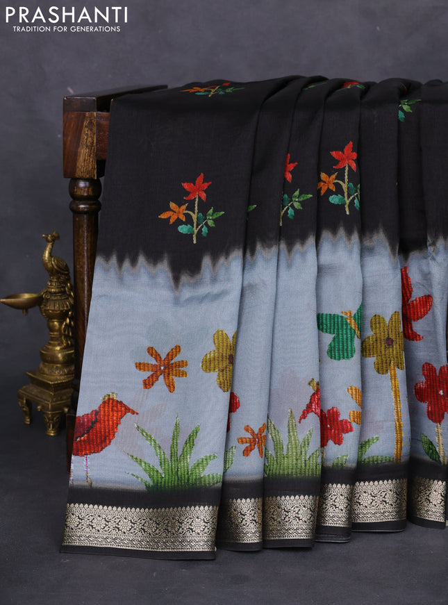 Tussar georgette silk saree black and grey with allover digital prints and zari woven border