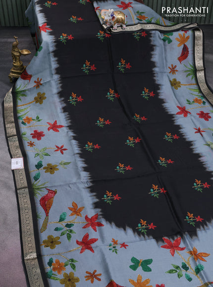 Tussar georgette silk saree black and grey with allover digital prints and zari woven border